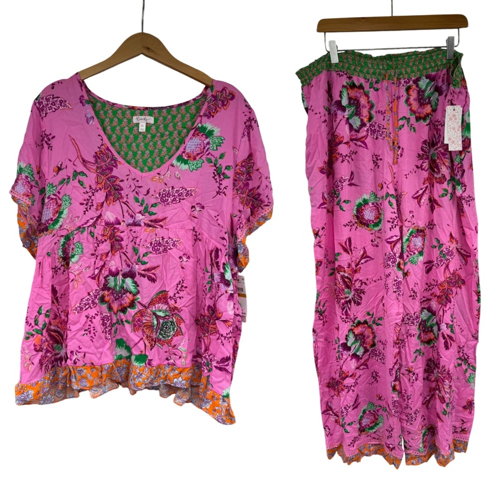 40Winks Boho Blooms Pajama Set Plus Size 3X Viscose Babydoll Top Wide Leg Pants